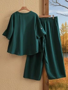 EMERY ROSE 大码女式纯色简约日常穿着无袖上衣和长裤 2 件套 - 墨綠色 - 查看 2