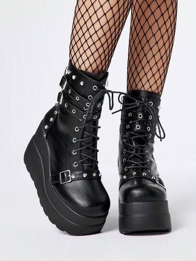 Grunge Punk Women's Dark Punk Goth Lace-Up Platform Thick Sole Motorcycle Boots, Leather Riding Knee-High Boots And Ankle Boots