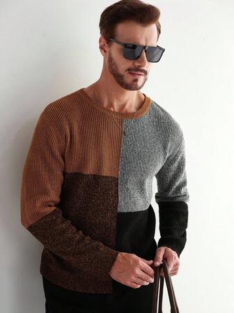 Manfinity CityGents 男士休闲拼布撞色圆领长袖毛衣，秋冬