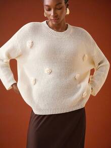 Zivah New Year Holiday, New Autumn And Winter, Christmas Casual Daily Date, Internet Celebrity Bestsellers, Street Daily Commuting Office Clothing, Sweet And Ladylike Ladies' Winter Outfits, Return To School Business Casual Women's Wear, Round-Neck Long-Sleeved, Three-Dimensional Flower Decoration, Diamond-Shaped Pattern Woolen Pullover, White Apricot Women's Sweater