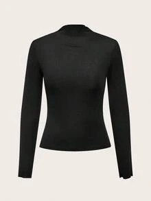 SHEIN EZwear 2pcs Pack Casual Tight Fit Long Sleeve T-Shirts, Versatile All-Match, Different Fabrics, Suitable For Autumn/Winter,Fall,Black Tops - Black - View 5
