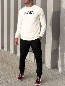 EURMUSE Men Waffle Fabric Letter Printed Long Sleeve Regular T-Shirt Set - White - View 1