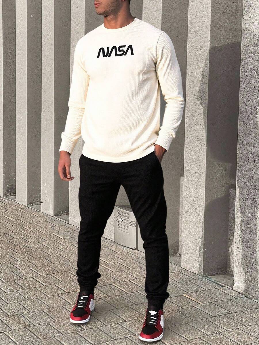 EURMUSE Men Waffle Fabric Letter Printed Long Sleeve Regular T-Shirt Set - White - View 1