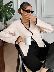 SHEIN Frenchy 女士秋冬休闲大衣，饰有滚边，适合秋冬季通勤、简约时尚、复古风等日常穿着。 - 杏色 - 查看 6