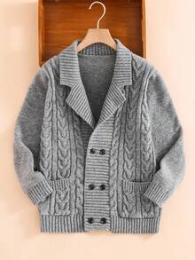SHEIN 1-Pack Tween Boy Casual Sports College Thick Double-Breasted Gray Cardigan Sweater With Twisted Pattern Decoration, Suitable For Kids Outfits Toddler Boy Clothes Back To School Boys Set Suitable For Birthday Parties, Evening Parties, Performances, Opening Ceremonies Daily Suitable For Daily Use Suitable For School Suitable For Suitable For Sports Suitable For Autumn And Winter - Grey - View 4