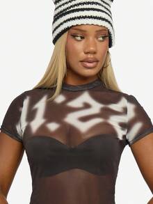 SUMWON WOMEN Crop Top Mesh Baby Tee Short Sleeve Semi Sheer Summer Festival Layering Essential - Black - View 8