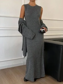 Livesso Women's Loose Jacket And Fitted Dress 2 Pieces Set, Autumn - Grey - View 5