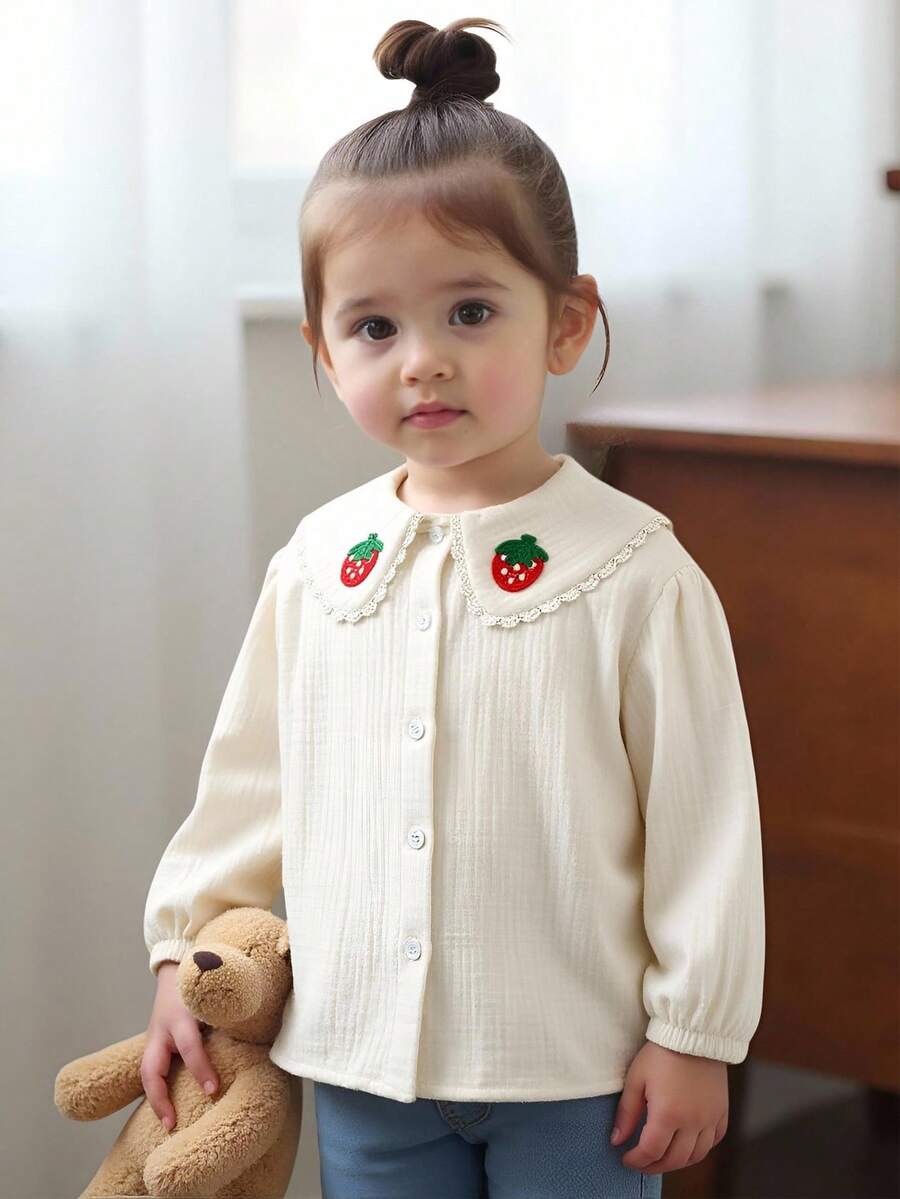 Cozy Pixies 女童草莓图案荷叶边领长袖开衫，草莓衬衫，女童上衣，女童衬衫，幼儿女童衬衫，儿童衬衫 - 杏色 - 查看 1