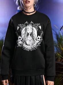 Corpse Bride X SHEIN 女式休闲深色字母与卡通人物图案落肩宽松套头衫 - 黑色 - 查看 3