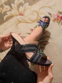 CUCCOO TILAWA Women's Glamorous Blue Glitter Rhinestone Embellished High Heel Slide Sandals, Summer - Royal Blue - View 6