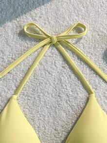 SHEIN Swim 度假海滩极简纯色挂脖泳衣上装 - 淡黃色 - 查看 5