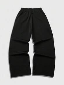 ROMWE MEN Prep Men's Casual Loose Letter Print Drawstring Waist Wide Leg Sweatpants, Autumn/Winter - Black - View 2