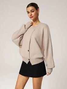 Hanevo 女士时尚下摆修身套头衫，秋冬 - 杏色 - 查看 6