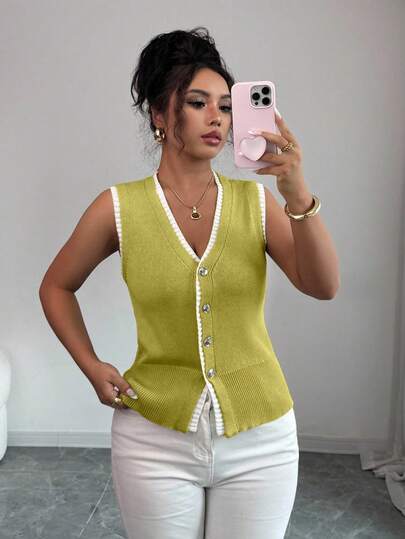 Islaluna Women's Contrast Color 2 In 1 V-Neck Sleeveless Cardigan Vest Knit Sweater