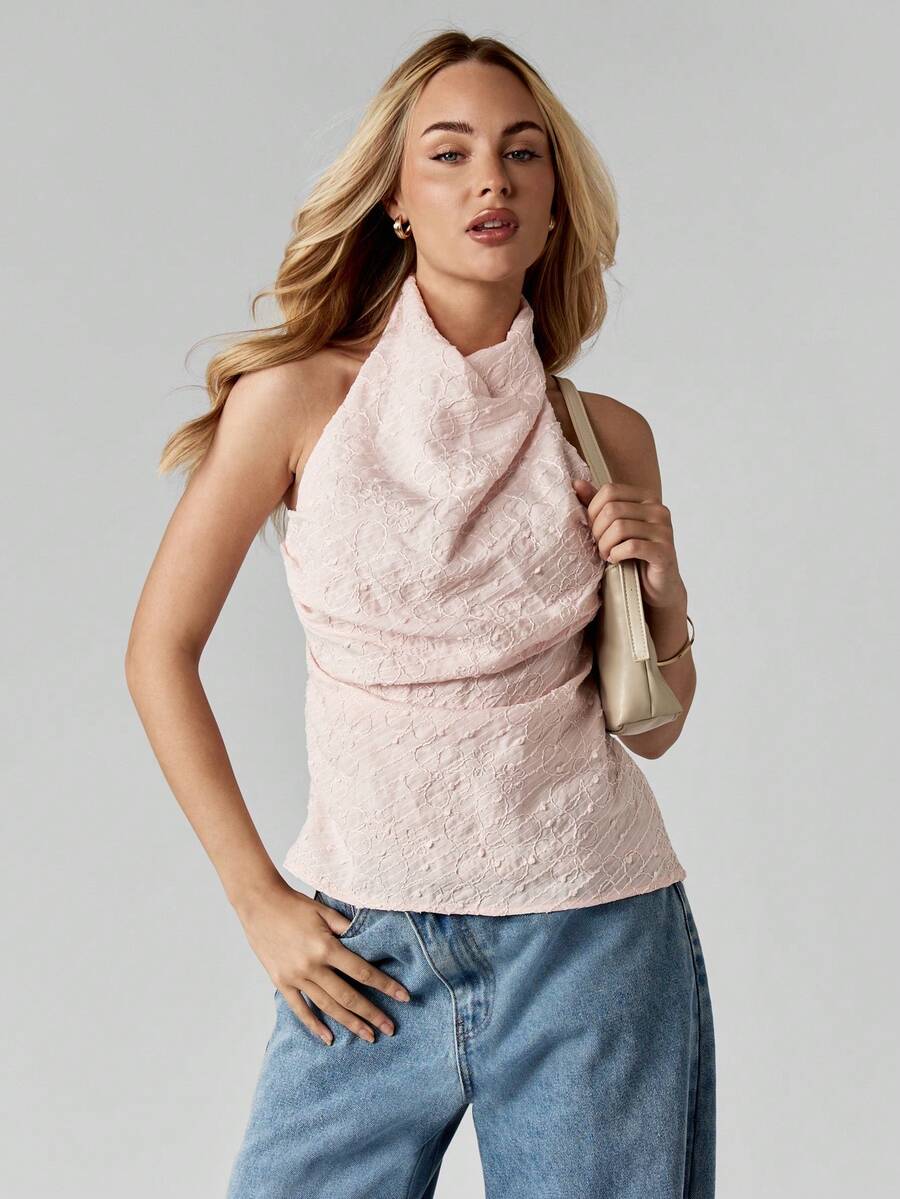 MISSGUIDED Halter Neck High Neck Lace Top For Evening Party Occasions With Cowl Draping - Pink - View 1