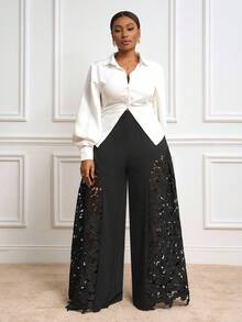 Veslaya Quần ống rộng phối ren dự tiệc thanh lịch mới 2025, Thu/Đông - màu đen - Xem 10