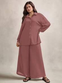 Zelara Plus Size Casual Commuter Solid Color Shirt And Pants 2 Pieces Set Plus Size Pant Set Plus Size Two Pieces Set Brown Plus Size Pant Suit Women Plus Size Brown Set Plus Size Blouse And Pants Set,Fall Clothes For Women Plus Size Pants Set Plus Size Matching Set 2 Pieces Sets Woman Plus - Rusty Rose - View 4
