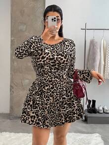 SHEIN EZwear Plus Size Women Leopard Print Ruffle Hem Stand Collar Long Sleeve Fashion Autumn/Winter Dress - Multicolor - View 6