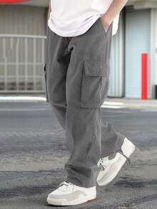 Manfinity Homme Men's Casual Solid Color Pocket Pants, Fall - smoke gray - View 5