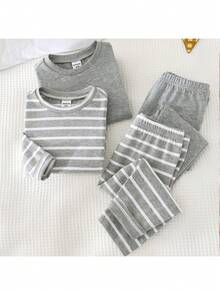 Loomiva 4 件套男婴秋冬简约舒适条纹图案长袖 T 恤、睡裤睡衣套装