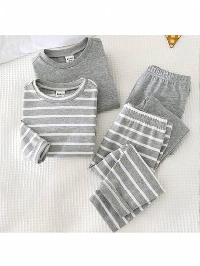 Loomiva 4 件套男婴秋冬简约舒适条纹图案长袖 T 恤、睡裤睡衣套装