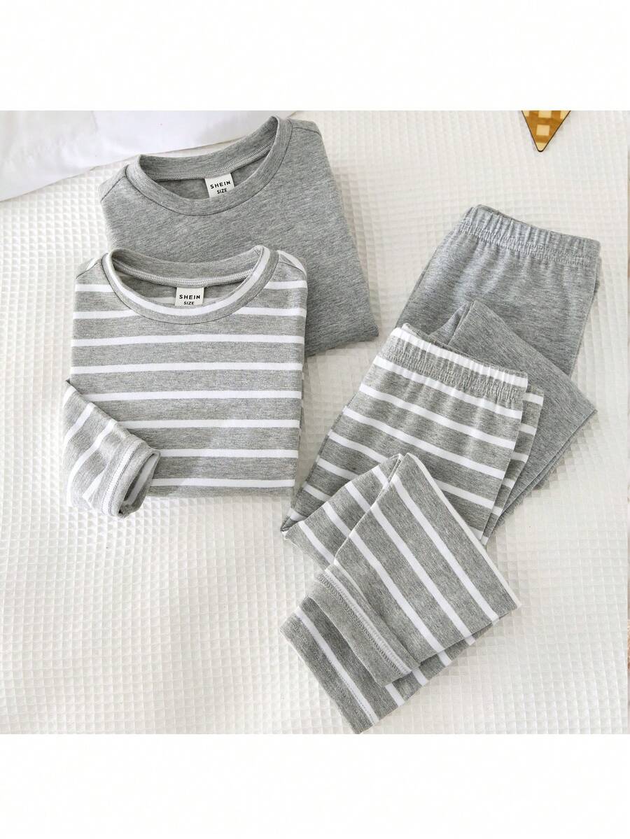 Loomiva 4 件套男婴秋冬简约舒适条纹图案长袖 T 恤、睡裤睡衣套装