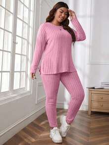 EURMUSE Conjunto de 2 piezas de punto acanalado cómodo de talla grande - Rosa Pálido - Ver 3