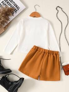 SHEIN 2pcs/Set Young Girls Cute Round Neck Pearl Embellished Ribbed Long Sleeve Top And Comfortable Coffee Color Pocket Shorts, Autumn/Winter T-Shirt Outfit - White - View 2