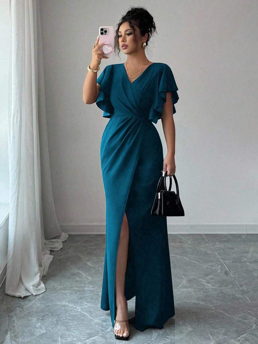 Elenzga Ruffled Sleeve V-Neck Waist Fitted Mermaid Hem Elegant Romantic Women Dress - Teal Blue - View 1