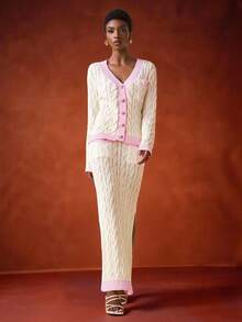 Zivah Conjunto de cárdigan con ribete de punto de cable y falda maxi con ribete rosa en contraste para otoño/invierno