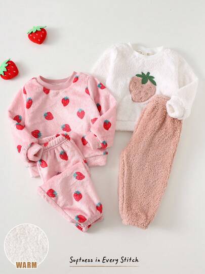 Cozy Pixies Conjunto de 4 piezas de sudadera de cuello redondo de manga larga con forro térmico y pantalones de cintura elástica con estampado de fresa para niña bebé