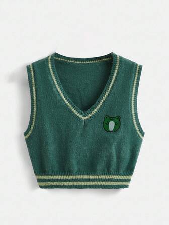 Kawaii Chaleco tejido con bordado de rana lindo