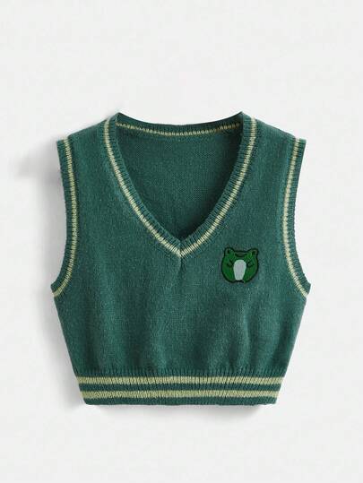 Kawaii Cute Frog Embroidery Pattern Knitted Vest