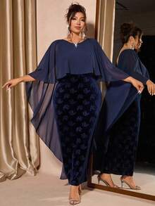 Cravure Plus Size Women's Elegant Round Neck Velvet Embossed Fitted Mermaid Formal Dress - Blue - View 1