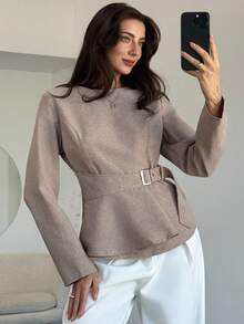 Aloruh Women's Fashionable & Elegant Button-Up Round Neck Long Sleeve Shirt