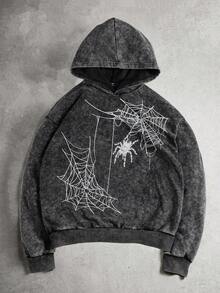 PAVTROS 男士街头时尚蜘蛛网印花哥特式垃圾摇滚万圣节连帽衫，秋季 - 黑色 - 查看 3