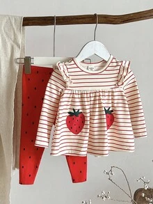 LMoss Kids 2pcs Baby Girl Knitted Ruffle Collar Casual T-Shirt And Leggings Set Fall Winter - Multicolor - View 1