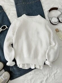 SHEIN 青少年女孩休闲纯白色圆领长袖针织毛衣，秋冬款，时尚保暖 - 白色 - 查看 3