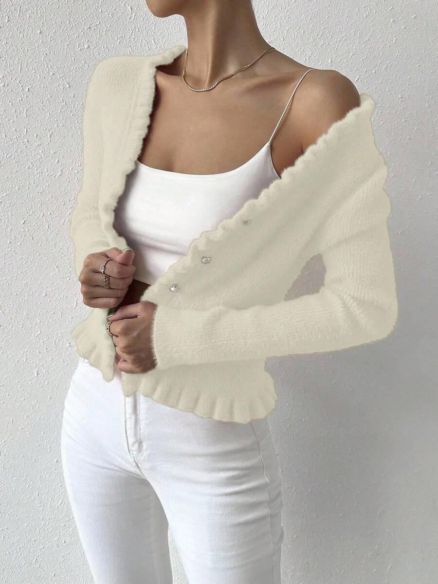 EMERY ROSE Lässige einfarbige Rüschen-Saum Passform Strickjacke, Herbst/Winter