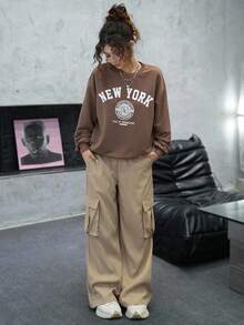 SHEIN 少女杏色圆领套装，工装裤，休闲校园风，秋季 - 彩色 - 查看 5