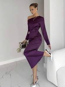 Siren Gaze Women's Solid Color Asymmetric Shoulder Long Sleeve Pleated Elegant Long Dress Dress Modest Plum Dress Purple Long Dress Long Sleeve Elegant Dress Purple Elegant Dress Women Winter Christmas New Year Party Red Party Dress Burgundy - Burgundy - View 2