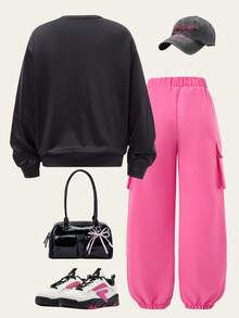 Set 2 buc. Hanorac și pantaloni cargo pentru fete preadolescente, streetwear, bluză cu mânecă lungă și pantaloni roz cu buzunar - Roz - Vizualizare 2