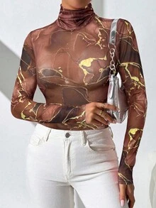 SHEIN Essnce 女士大理石印花高领长袖性感紧身衣 - 棕色 - 查看 2