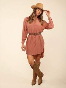 Coeurva Solid Button Front High Low Hem Longline Shirt