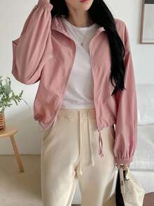 DAZY Women's Front Zipper Long Sleeve Hooded Jacket With Bowknot Embroidery, Casual Daily Wear,Fall Clothes - Pink - View 4