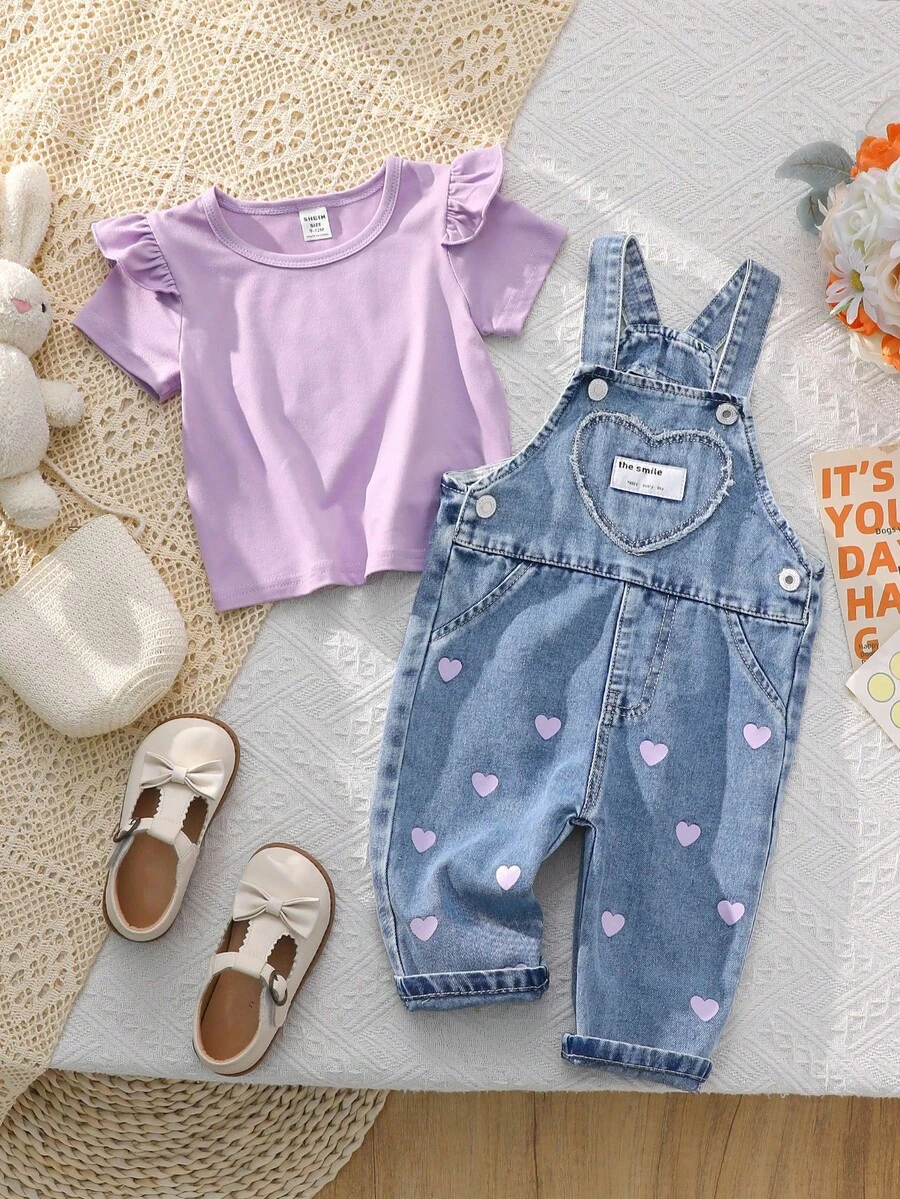 SHEIN Vintaside Kids 女婴休闲心形印花连体衣套装 - 紫色 - 查看 1