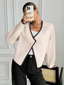 SHEIN Frenchy 女士秋冬休闲大衣，饰有滚边，适合秋冬季通勤、简约时尚、复古风等日常穿着。 - 杏色 - 查看 1