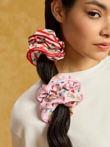 HARRY POTTER X SHEIN 2pcs/Set Fashionable & Cute Plus Size Pink & Red Every Flavour Beans Scrunchies, Elastic Hair Ties For Daily Hairstyles,Christmas