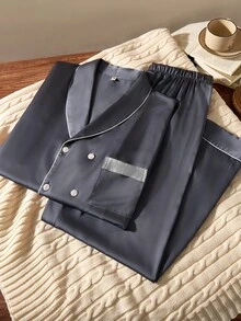 EverLounge 男士缎面长袖衬衫长裤睡衣套装（2件套），真丝睡衣，灰色睡衣，冬季服装 - 灰色 - 查看 1