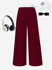 SHEIN Sparklyn 1 szt. Luźne, sportowe spodnie dresowe dla dziewcząt w wieku 1-2 lat, w jednolitym kolorze - Burgund - Zobacz 2